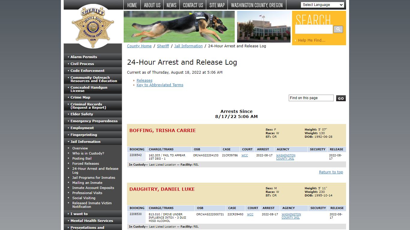 24-Hour Arrest and Release Log - Washington County, Oregon